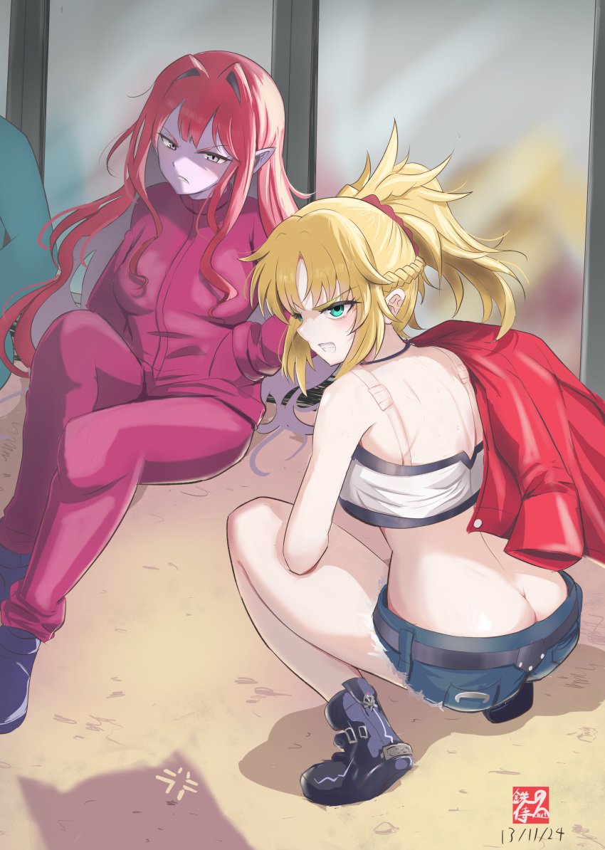 2girls absurdres ass back baobhan_sith_(fate) blonde_hair breasts butt_crack fate/grand_order fate_(series) from_behind frown green_eyes grey_eyes hands_in_pockets highres jacket learning_with_manga!_fgo long_hair looking_at_viewer mordred_(fate) mordred_(memories_at_trifas)_(fate) multiple_girls pink_hair pink_jacket pink_track_suit pointy_ears ponytail short_shorts shorts sidelocks sitting squatting tetsu_no_samurai