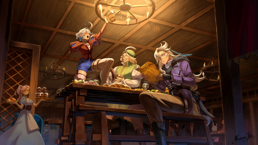 2boys 2girls absurdres alcohol alternate_costume apron arm_up asymmetrical_bangs beer beer_mug bench blonde_hair blue_dress blue_eyes blue_hair blue_shorts blush boots bread breasts brown_pants candle candlestand ceiling clorinde_(genshin_impact) closed_eyes collared_shirt commentary cowlick cup dress food from_below furina_(genshin_impact) genshin_impact green_beret hair_over_one_eye hat_feather high_ponytail highres holding holding_tray indoors jacket juliet_sleeves large_breasts light_blue_hair long_sleeves mug multicolored_hair multiple_boys multiple_girls neuvillette_(genshin_impact) nomae.jie on_table open_mouth pants pointy_ears puffy_sleeves purple_jacket red_shirt shirt shorts sigewinne_(genshin_impact) sitting smile standing streaked_hair symbol-only_commentary table thigh_boots tray waist_apron waitress white_footwear white_hair white_shirt wooden_bench wooden_ceiling wooden_table wriothesley_(genshin_impact)