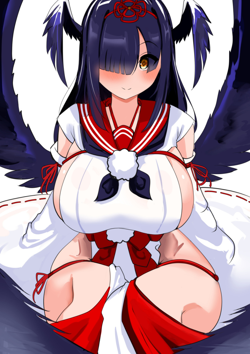 black_hair blunt_bangs blush bombergirl breasts brown_eyes cowboy_shot detached_sleeves female groin hair_over_one_eye head_wings highres hiiro_(bombergirl) hip_vent huge_breasts long_hair looking_at_viewer nontraditional_miko pisagi sailor_collar sideboob sidelocks sitting skindentation sleeveless smile solo tengu very_long_hair wide_hips wide_sleeves wings