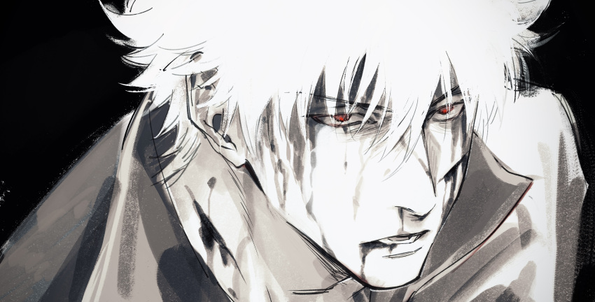 1boy absurdres black_background blood blood_from_mouth blood_on_face blood_on_neck chimmyming gintama highres injury looking_at_viewer lower_teeth_only male_focus monochrome nosebleed parted_lips portrait red_eyes sakata_gintoki short_hair solo spot_color teeth tongue