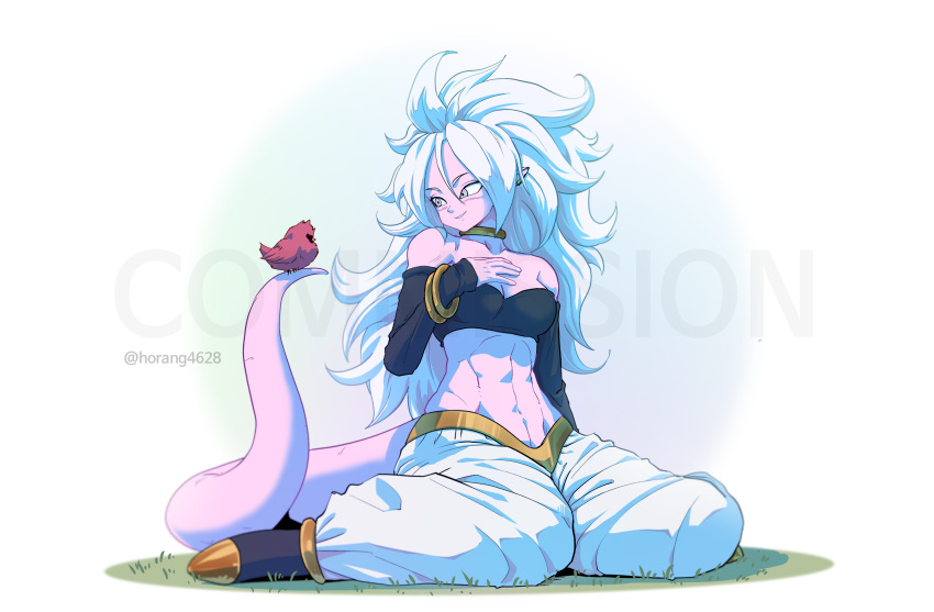 1other absurdres android android_21 bandeau bird black_bandeau black_sleeves bracelet breasts cleavage colored_skin commentary commission detached_sleeves dragon_ball dragon_ball_fighterz english_commentary female gold_bracelet gold_choker grass grey_eyes hand_on_own_chest highres horang4628 jewelry long_hair looking_at_animal majin_android_21 medium_breasts messy_hair multiple_bracelets pants pink_skin pointy_ears sitting smile solo tail toned_female twitter_username wariza watermark white_background white_hair white_pants