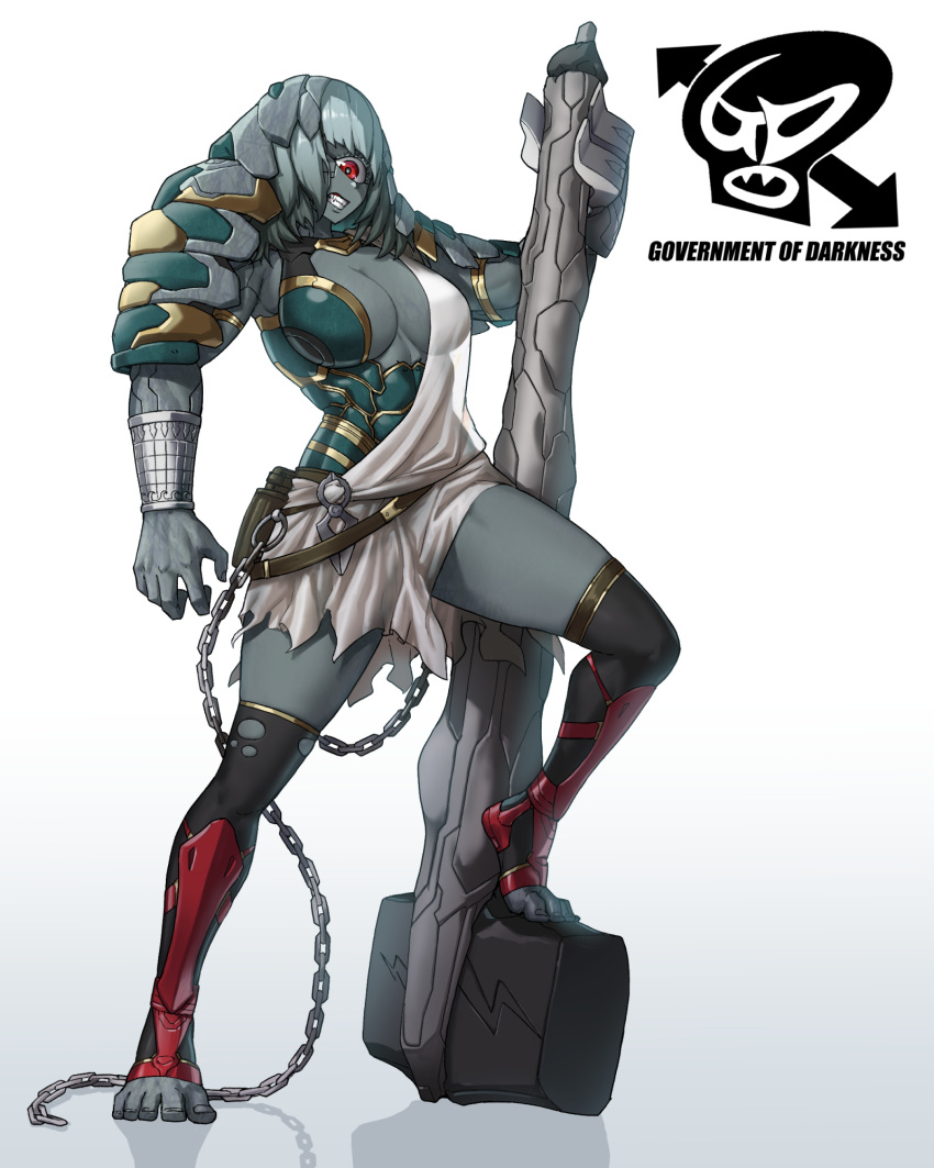 armor asymmetrical_armor asymmetrical_clothes breasts chains colored_skin commentary cyclops cyclops_(kamen_rider_x) eidenjyou1997 emblem english_commentary female foot_on_weapon full_body genderswap_(mtf) grey_hair grey_skin highres kamen_rider kamen_rider_x_(series) large_breasts looking_at_viewer monster_girl muscular muscular_female one-eyed red_eyes rule_63 shadow simple_background solo standing teeth toeless_legwear toes torn torn_clothes war_hammer weapon white_background