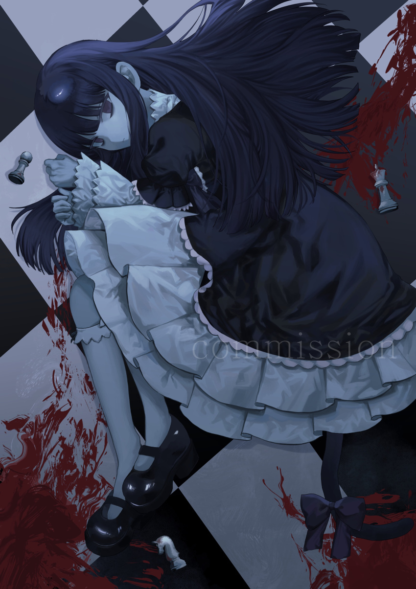 absurdres bags_under_eyes black_dress black_footwear blank_eyes blood blood_on_ground blue_hair blunt_bangs bow cat_tail chess_piece commission dress expressionless female frederica_bernkastel frilled_dress frills hands_up highres kihakusan kneehighs long_hair mary_janes on_floor puffy_sleeves purple_eyes shoes socks solo tail tail_bow tail_ornament umineko_no_naku_koro_ni white_socks