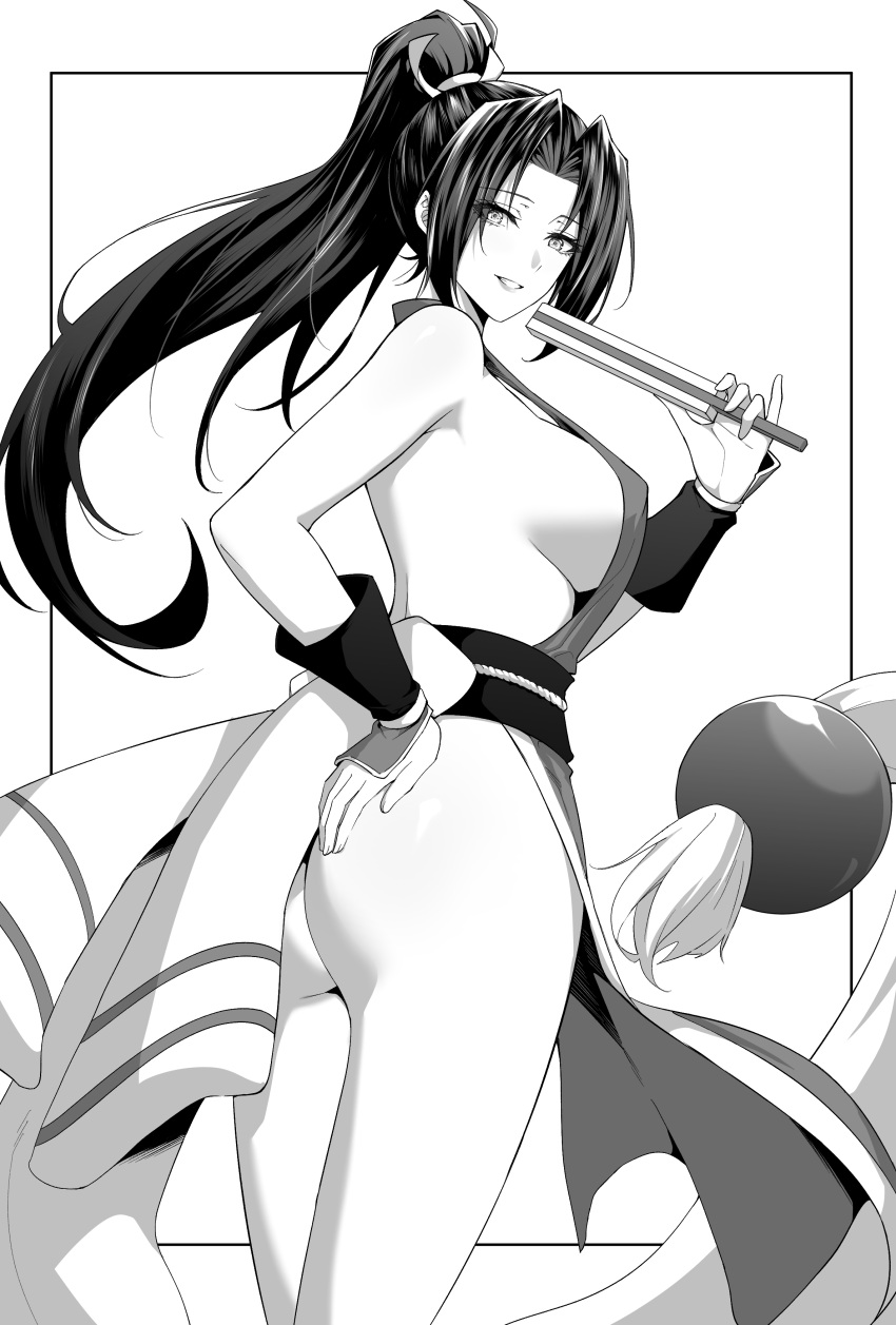 absurdres ass bare_shoulders black872233196 breasts fatal_fury female folded_fan folding_fan greyscale hand_fan hand_on_own_hip high_ponytail highres japanese_clothes long_hair looking_at_viewer medium_breasts monochrome ninja parted_bangs parted_lips ponytail revealing_clothes shiranui_mai sideboob simple_background sleeveless smile solo the_king_of_fighters thighs white_background