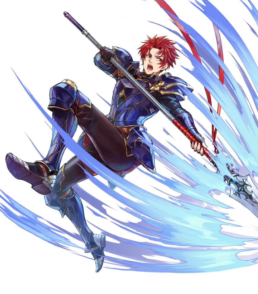 1boy armor attack blue_armor fire_emblem fire_emblem:_the_binding_blade fire_emblem_heroes hagiya_kaoru highres holding holding_polearm holding_weapon non-web_source open_mouth polearm red_eyes red_hair short_hair solo spear weapon zeiss_(fire_emblem)