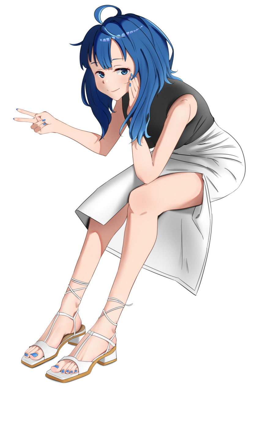 ahoge bare_arms black_shirt blue_eyes blue_hair blue_nails closed_mouth feet female full_body head_rest highres invisible_chair kaoru_puripuri legs looking_at_viewer make_heroine_ga_oo_sugiru! medium_hair nail_polish pencil_skirt shirt shoes side_slit simple_background sitting skirt sleeveless sleeveless_shirt solo toeless_footwear toenail_polish toenails toes v white_background white_skirt yanami_anna