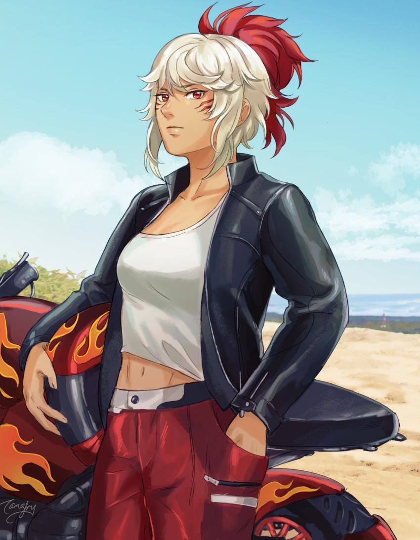 black_jacket breasts contemporary dark-skinned_female dark_skin facial_tattoo female fire_emblem fire_emblem_fates helmet highres jacket large_breasts leather leather_jacket looking_at_viewer motor_vehicle motorcycle motorcycle_helmet navel pants red_eyes red_pants rinkah_(fire_emblem) shirt solo tamafry tattoo white_hair white_shirt