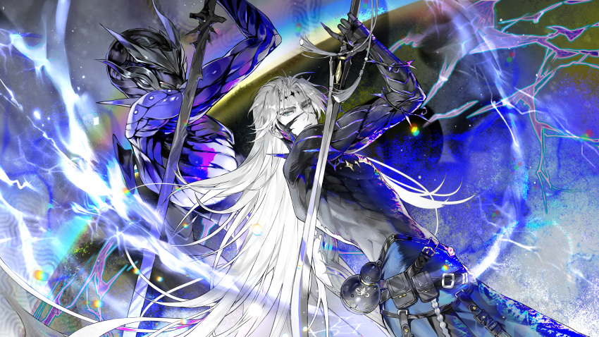 1boy absurdres calcharo_(wuthering_waves) cowboy_shot gourd grey_eyes highres holding holding_sword holding_weapon huang_huo_liaoyuan long_hair looking_at_viewer male_focus pants solo sword tacet_mark_(wuthering_waves) tassel thorns very_long_hair weapon white_hair wuthering_waves