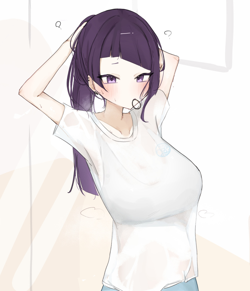 ? arms_behind_back arms_up blunt_bangs blush bra_visible_through_clothes breasts collarbone commentary diagonal_bangs earrings female highres idolmaster idolmaster_shiny_colors indoors jewelry kotatuneko15 long_hair medium_breasts ponytail purple_eyes purple_hair see-through_silhouette shirt solo stud_earrings sweat symbol-only_commentary t-shirt tanaka_mamimi tying_hair white_shirt