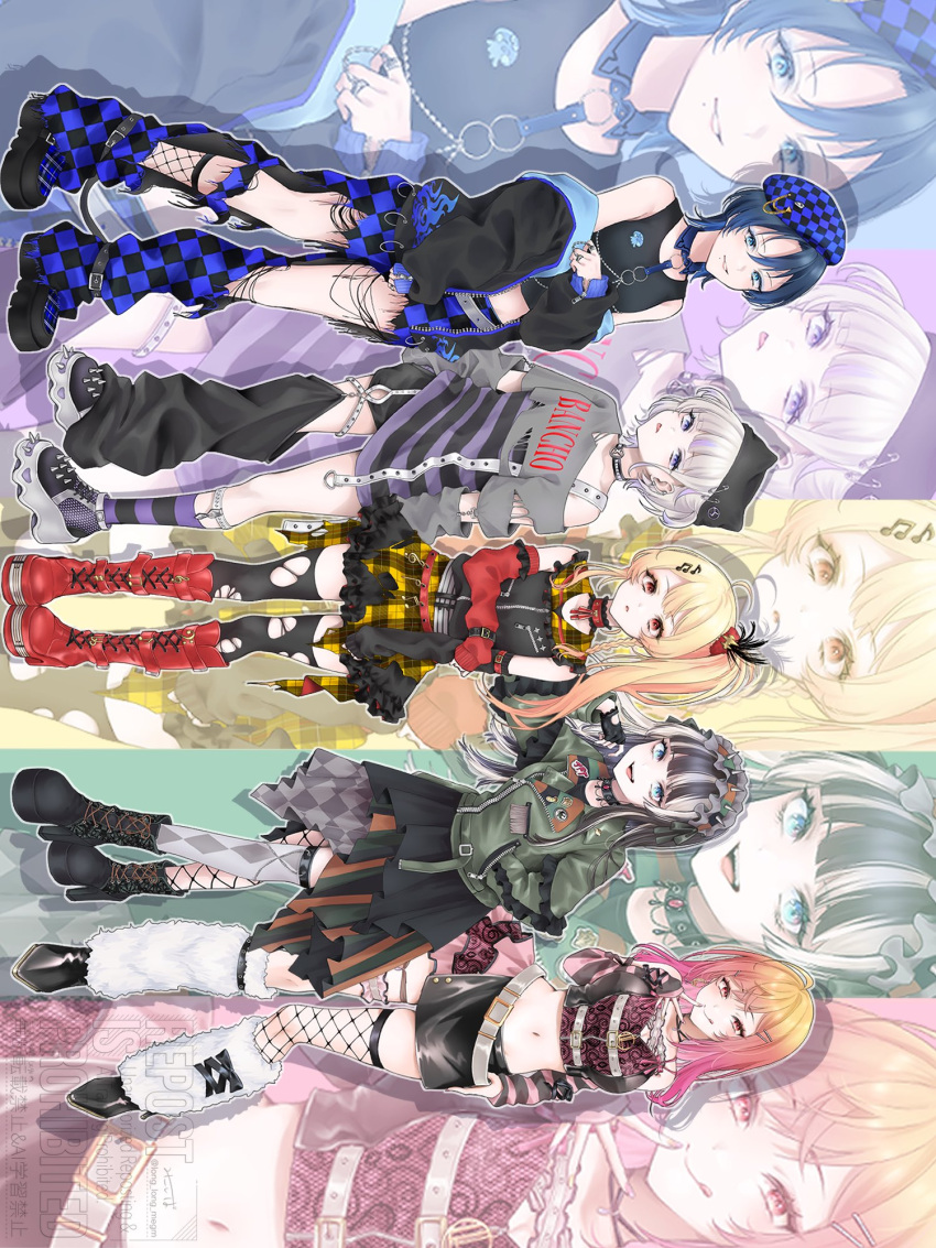 5girls blonde_hair blue_hair fishnets geromonjya gradient_hair highres hiodoshi_ao hololive hololive_dev_is ichijou_ririka idol idol_clothes juufuutei_raden multicolored_hair multiple_girls navel otonose_kanade streaked_hair thighhighs todoroki_hajime white_hair