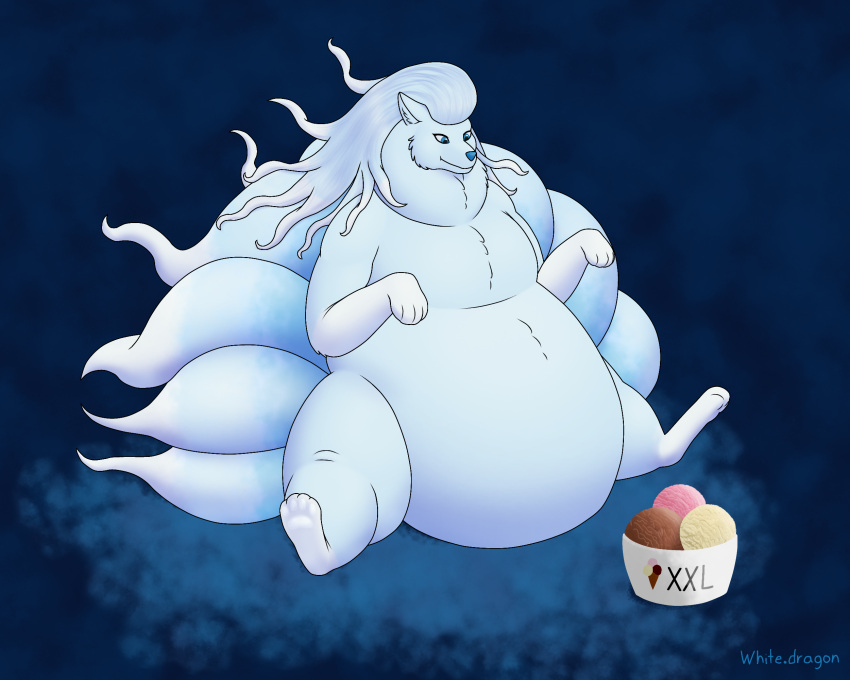 2024 9_tails alolan_form alolan_ninetales belly big_belly dessert digitigrade female feral food fur generation_7_pokemon hair hi_res huge_belly ice_cream multi_tail nintendo obese obese_female obese_feral overweight overweight_female overweight_feral pokemon pokemon_(species) regional_form_(pokemon) shaded signature simple_background soft_shading solo tail thick_thighs white-dragon white_body white_fur