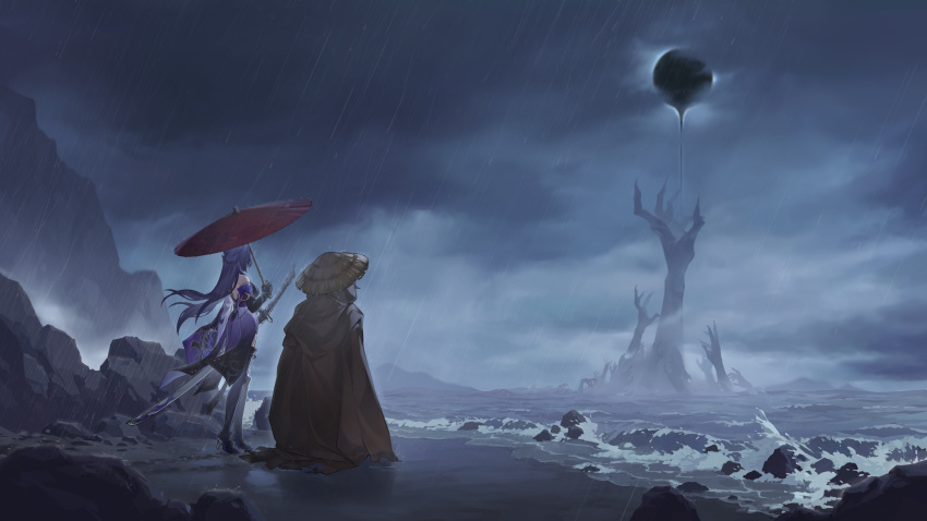 1other absurdres acheron_(honkai:_star_rail) bad_link bare_shoulders cloak cloud cloudy_sky conical_hat female gloves hat highres holding holding_umbrella honkai:_star_rail honkai_(series) katana landscape long_hair ocean official_art oil-paper_umbrella outdoors purple_hair rain red_umbrella rock scabbard scenery sheath sheathed sky standing sword tiernan_(honkai:_star_rail) umbrella very_long_hair water weapon wide_shot