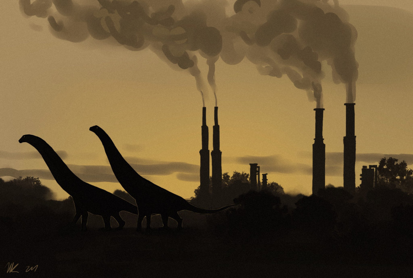 ambiguous_gender claws cloud cloudy_sky dinosaur duo factory feet feral forest forest_background hi_res long_neck nails nature nature_background outside paleobug plant pollution prehistoric_species reptile sauropod sauropodomorph scales scalie signature silhouette sky smog smoke smokestack sunset toenails toes tree walking