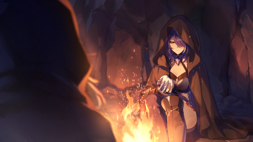 1other absurdres acheron_(honkai:_star_rail) bad_link black_choker breasts campfire choker cleavage cloak female fire food hair_over_one_eye halterneck highres holding holding_food honkai:_star_rail honkai_(series) hood hood_up hooded_cloak leg_tattoo long_hair multicolored_hair official_art purple_eyes purple_hair sitting streaked_hair tattoo tiernan_(honkai:_star_rail) white_hair