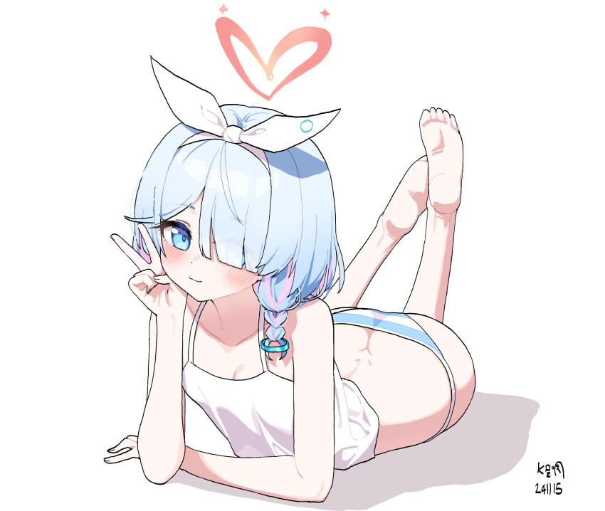 arona_(blue_archive) artist_name ass bare_legs barefoot blue_archive blue_hair blush braid breasts butt_crack camisole cleavage collarbone commentary dated dimples_of_venus feet feet_out_of_frame female hair_over_one_eye hairband halo heart heart_halo highres light_smile looking_at_viewer lying multicolored_hair myeolchi on_stomach one_eye_covered panties pink_hair short_hair simple_background single_braid soles solo striped_clothes striped_panties toes two-tone_hair two-tone_panties underwear underwear_only v white_background white_camisole white_hairband