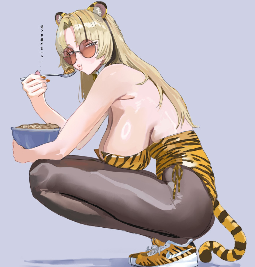 alternate_costume animal_ears animal_print black_pantyhose blonde_hair blunt_bangs bowl breasts cereal commentary female fingernails from_side highres hintobento holding holding_bowl holding_spoon hololive hololive_dev_is huge_breasts koganei_niko leopard_print leotard long_hair looking_at_viewer orange_nails pantyhose parted_bangs round_eyewear solo spoon squatting strapless strapless_leotard translated