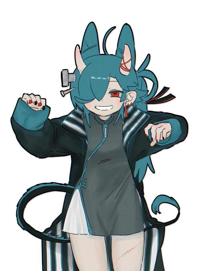 bad_id black_coat blue_hair china_dress chinese_clothes coat cone_hair_bun cowboy_shot dress female fur-tipped_tail grin hair_bun hair_over_one_eye halloween highres horn_ornament horn_ribbon horns long_hair looking_at_viewer object_through_head original outstretched_arms red_eyes ribbon scar scar_on_leg screw_in_head simple_background smile solo tail ty_z15 white_background zombie_pose