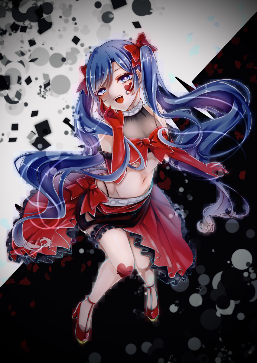 :d absurdres ambivalence_(module) blue_eyes blue_hair bow breasts bridal_garter clip_studio_paint_(medium) commentary_request elbow_gloves facial_mark female full_body gloves hatsune_miku heart heart_facial_mark heart_tattoo highres leg_tattoo oerba_yun_fang open_mouth project_diva_(series) red_bow red_footwear red_gloves red_skirt skirt smile solo tattoo teeth tongue twintails vignetting vocaloid yukito_(39521)