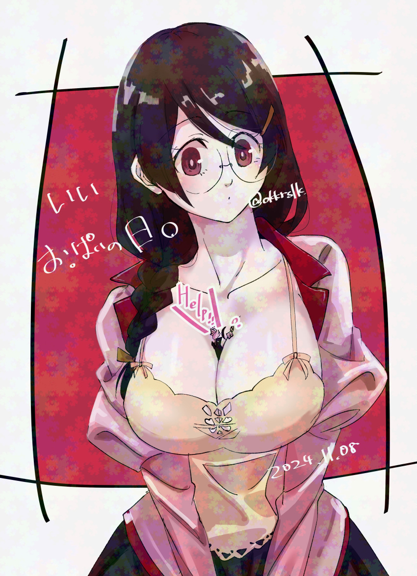 1boy absurdres araragi_koyomi black_hair braid breasts breasts_day camisole cleavage closed_mouth collarbone dated female glasses good_breasts_day hair_over_shoulder hanekawa_tsubasa hatahata_(okkrslk) help highres juliet_sleeves large_breasts long_hair long_sleeves mini_person miniboy monogatari_(series) naoetsu_high_school_uniform open_clothes open_shirt person_between_breasts pink_shirt puffy_sleeves red_eyes round_eyewear school_uniform shirt single_braid size_difference solo_focus spaghetti_strap straight upper_body yellow_camisole