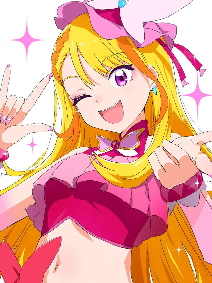 ;d \m/ blonde_hair breasts crop_top cure_butterfly female hair_between_eyes hands_up head_tilt highres hijiri_ageha hirogaru_sky!_precure long_hair looking_at_viewer misaki_nonaka nail_polish navel one_eye_closed parted_bangs pink_nails pink_shirt precure purple_eyes shirt simple_background sleeveless sleeveless_shirt small_breasts smile solo upper_body very_long_hair white_background