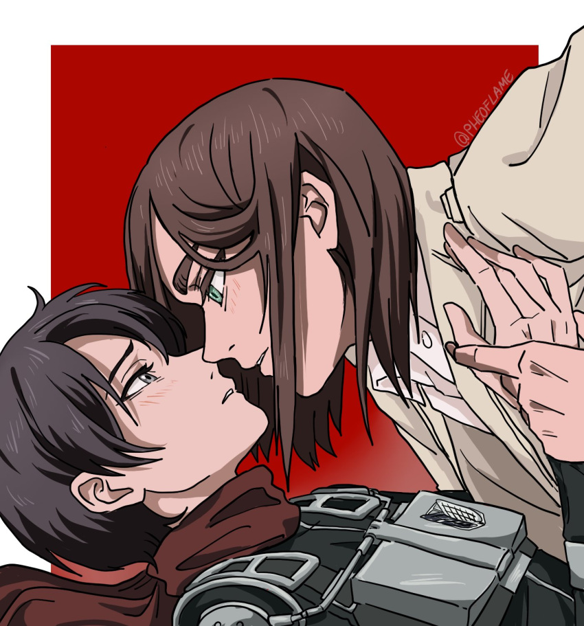 armor black_hair border brown_hair collared_shirt couple eren_yeager green_eyes grey_eyes grey_jacket hair_between_eyes highres holding_hands imminent_kiss jacket leaning_back leaning_forward light_blush mikasa_ackerman parted_lips pheoflame red_background red_scarf scarf shingeki_no_kyojin shirt short_hair straight twitter_username upper_body white_border white_shirt