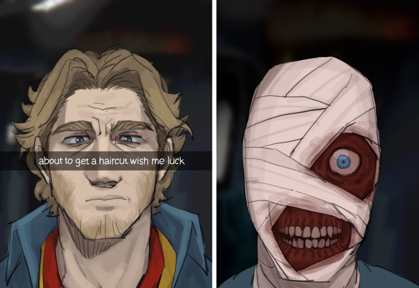 1boy bandaged_head bandages bandages_over_eyes beard blonde_hair blue_eyes commentary curly_(mouthwashing) english_commentary facial_hair highres kuv8sh5 meme mouthwashing no_skin teeth thick_eyebrows