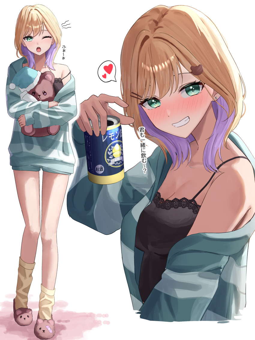 absurdres alcohol animal_slippers aqua_jacket aqua_shorts black_camisole blonde_hair camisole can colored_inner_hair commentary_request doll drink drink_can earrings female gerbera152 green_eyes hair_intakes hair_ornament hairpin heart highres holding holding_doll holding_drink iris_black_games jacket jacket_partially_removed jewelry kurumi_noah kurumi_noah_(6th_costume) long_sleeves looking_at_viewer multicolored_hair multiple_hairpins one_eye_closed open_mouth partially_open_jacket short_shorts shorts single_off_shoulder slippers socks solo spoken_heart strap_slip striped_clothes striped_jacket stud_earrings stuffed_animal stuffed_toy teddy_bear teeth two-tone_hair virtual_youtuber vspo! white_background yawning yellow_socks