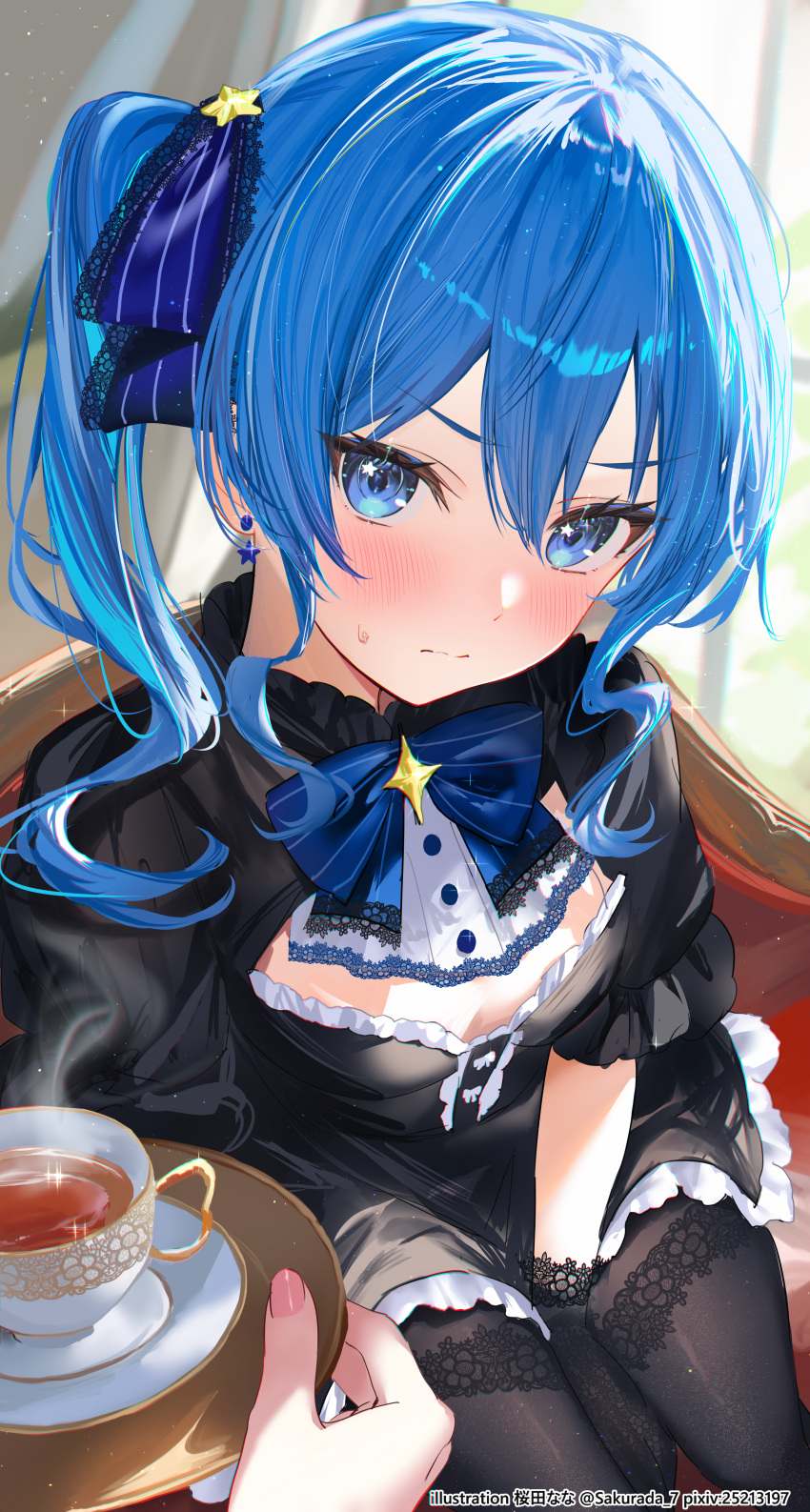 absurdres between_legs black_dress black_gloves black_pantyhose blue_bow blue_bowtie blue_hair blue_ribbon blush bow bowtie cleavage_cutout closed_mouth clothing_cutout cup dress earrings female frilled_dress frills gloves gothic_lolita hair_ribbon hand_between_legs highres holding hololive hoshimachi_suisei jewelry lace-trimmed_ribbon lace_trim lolita_fashion pantyhose ribbon sakurada_nana saucer side_ponytail sitting star_(symbol) star_earrings star_in_eye sweat symbol_in_eye teacup twitter_username virtual_youtuber