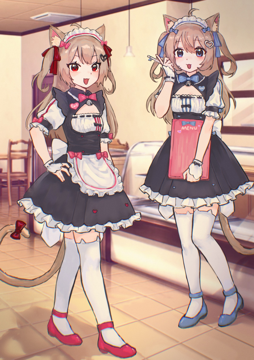 2girls absurdres ahoge animal_ear_fluff animal_ear_legwear animal_ears animal_print apron bell blue_bow blue_bowtie blue_eyes blue_ribbon bow bowtie breasts brown_tail cat_ear_legwear cat_ears cat_girl cat_print cat_tail chocola_(nekopara) chocola_(nekopara)_(cosplay) cleavage_cutout clothing_cutout commentary cosplay english_commentary evil_neuro-sama fiansand from_side full_body hair_between_eyes hairbow hand_on_own_hip hand_up high_heels highres holding holding_menu indie_virtual_youtuber indoors light_brown_hair long_hair looking_at_viewer maid maid_headdress menu multiple_girls neuro-sama open_mouth red_bow red_bowtie red_eyes red_footwear red_ribbon red_tail ribbon ribbon_trim short_sleeves siblings small_breasts standing tail tail_bow tail_ornament thighhighs twins two_side_up v vanilla_(nekopara) vanilla_(nekopara)_(cosplay) virtual_youtuber waist_apron white_apron white_thighhighs zettai_ryouiki