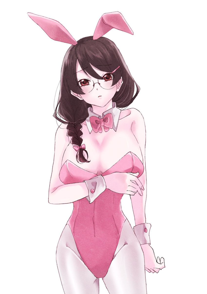 animal_ears arm_under_breasts bakemonogatari bare_shoulders black_hair blush bow bowtie braid breasts cleavage collarbone covered_navel cowboy_shot detached_collar fake_animal_ears female glasses hair_over_shoulder hanekawa_tsubasa hatahata_(okkrslk) highleg highleg_leotard highres huge_breasts leotard long_hair looking_at_viewer monogatari_(series) pantyhose pink_bow pink_bowtie pink_leotard playboy_bunny rabbit_ears red_eyes simple_background single_braid solo strapless strapless_leotard traditional_bowtie white_background white_pantyhose white_wrist_cuffs wrist_cuffs