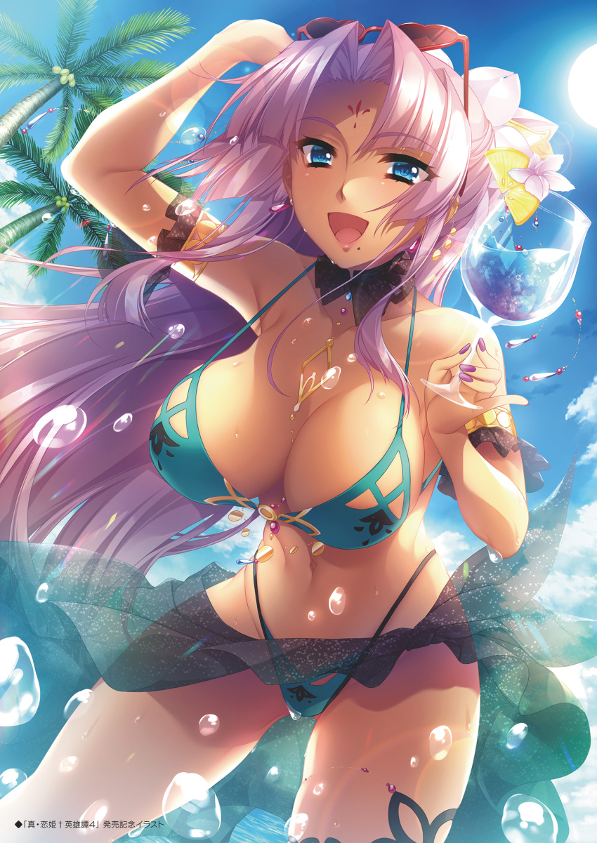 bikini blue_sky breasts cleavage cloud collarbone dark-skinned_female dark_skin day earrings eyewear_on_head facial_mark female fingernails forehead_mark hand_up highres hikage_eiji holding jewelry koihime_musou large_breasts lips long_hair looking_at_viewer mole mole_under_mouth nail_polish navel official_art open_mouth outdoors palm_leaf palm_tree sarong scan shiny_skin sky smile solo sonsaku stomach sunglasses swimsuit thighs tree tropical_drink water water_drop