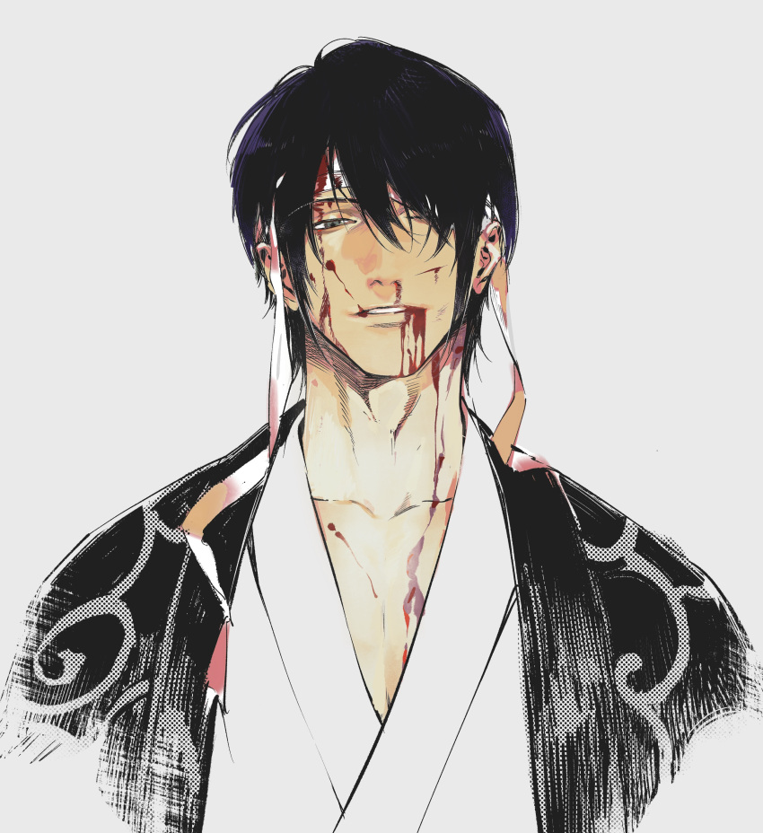 1boy absurdres bandage_over_one_eye bandages black_hair blood blood_from_mouth blood_on_bandages blood_on_face blood_on_neck chimmyming collarbone gintama grey_eyes highres injury japanese_clothes looking_at_viewer male_focus nosebleed one_eye_covered parted_lips portrait short_hair simple_background solo takasugi_shinsuke teeth white_background