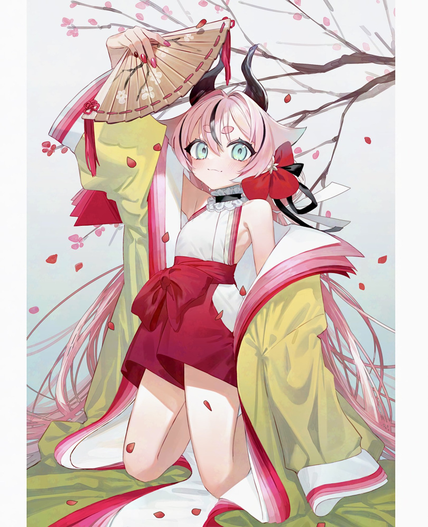 1other alternate_costume aqua_eyes arm_up bare_shoulders branch choker closed_mouth falling_petals flower folding_fan frilled_choker frills full_body hand_fan highres holding holding_fan horns japanese_clothes kimono kneeling layered_clothes layered_kimono long_hair long_sleeves looking_at_viewer meika_hime nail_polish open_clothes open_kimono other_focus petals pillarboxed pink_hair plum_blossoms red_shorts shorts solo very_long_hair vocaloid yoshino_ns