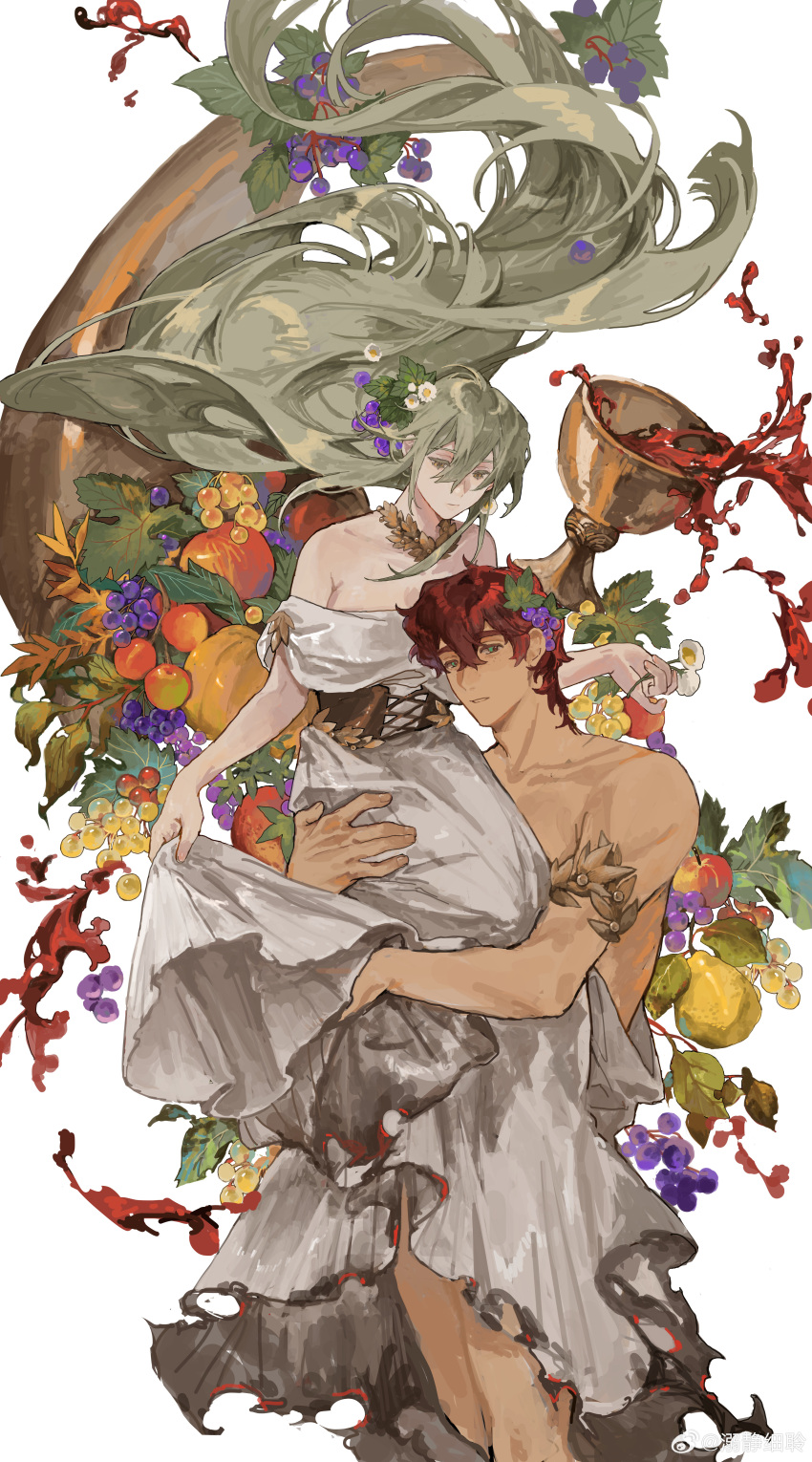 1boy absurdres alcohol apple carrying carrying_person copyright_request corset cross-laced_clothes cross-laced_corset dress female floating_hair food fruit gen65884781 grapes grey_dress highres lemon long_hair red_hair very_long_hair wine