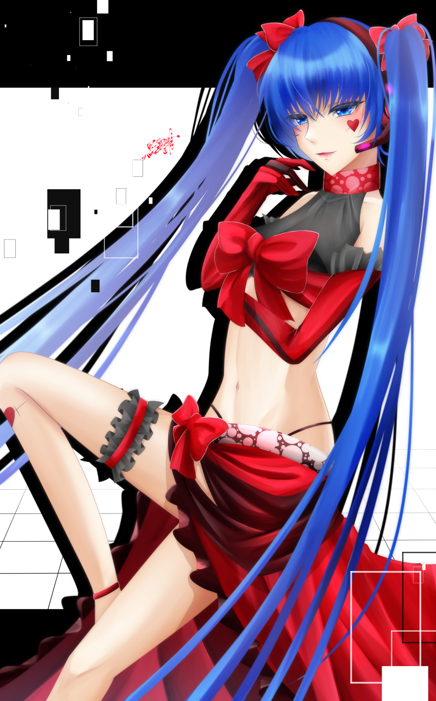 absurdres ambivalence_(module) black_panties blue_eyes blue_hair bow bridal_garter commentary facial_mark female gloves hatsune_miku headset heart heart_facial_mark heart_tattoo highleg highleg_panties highres kuroageha_(kurorororo_03) leg_tattoo lips midriff navel nounai_kakumei_girl_(vocaloid) panties project_diva_(series) red_bow red_gloves red_skirt skirt solo stomach tattoo twintails underwear vocaloid