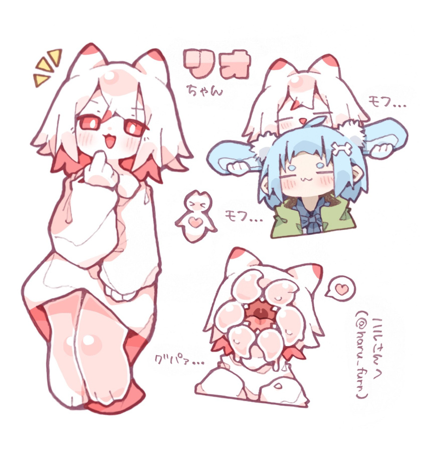 2girls :3 ahoge animal_ears bad_id bad_twitter_id blue_hair blush bone_hair_ornament borrowed_character bright_pupils character_name closed_eyes colored_inner_hair commentary_request cropped_shoulders deformed dog_ears facing_viewer floppy_ears gift_art hair_ornament hand_up head_on_head head_rest heart highres long_sleeves looking_at_viewer medium_hair mononobe_nan_(nikamoka) monster_girl multicolored_hair multiple_girls multiple_views nikamoka notice_lines off-shoulder_shirt off_shoulder open_mouth original oversized_clothes oversized_shirt pointing pointing_at_self red_eyes red_hair sea_angel sea_angel_girl shirt short_eyebrows simple_background smile speech_bubble spoken_heart thick_eyebrows translation_request twitter_username white_background white_pupils