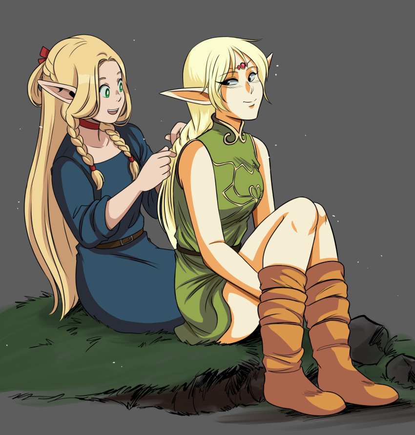 2024 blonde_hair boots braided_hair braiding_hair clothing crossover deedlit delicious_in_dungeon duo elf female footwear hair hi_res humanoid humanoid_pointy_ears marcille_donato missgreeney not_furry personal_grooming pointy_ears record_of_lodoss_war shoes sitting styling_hair