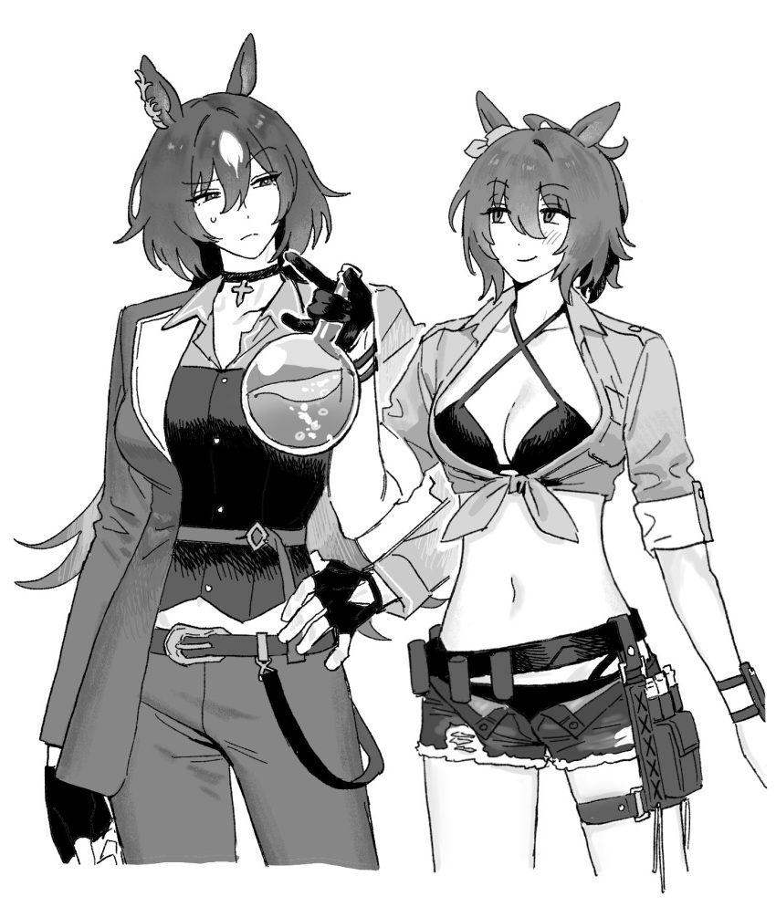 2girls 35684187031 agnes_tachyon_(umamusume) ahoge animal_ears belt blush breasts character_request choker cleavage coat collarbone collared_shirt cropped_jacket elden_ring flask hair_between_eyes hand_on_own_hip high-waist_panties highres holding holding_flask horse_ears horse_girl jacket large_breasts long_hair long_sleeves looking_at_another multicolored_hair multiple_girls navel open_clothes open_coat open_fly panties pouch round-bottom_flask shirt short_hair short_shorts shorts sleeves_rolled_up smile streaked_hair sweatdrop test_tube tied_jacket underwear very_long_hair