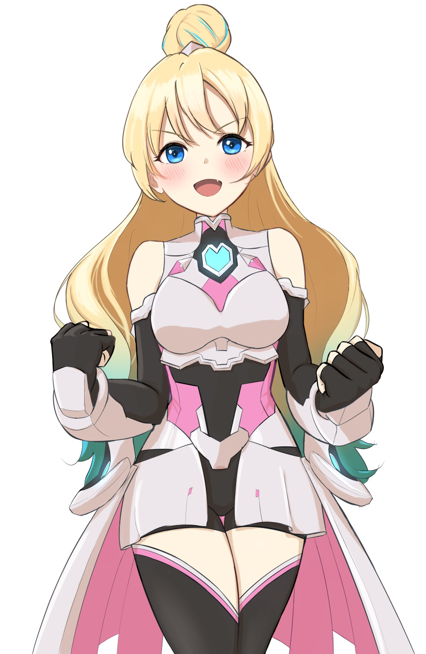 :d absurdres armor black_bodysuit black_gloves black_thighhighs blonde_hair blue_eyes blue_hair blush bodysuit boobplate breasts commentary elbow_gloves fanfare!!!_(love_live!) female gloves gradient_hair hair_bun highres light_blue_hair link!_like!_love_live! long_hair looking_at_viewer love_live! medium_breasts multicolored_hair oerba_yun_fang open_mouth osawa_rurino simadaburyu simple_background single_hair_bun smile streaked_hair thighhighs virtual_youtuber white_armor white_background