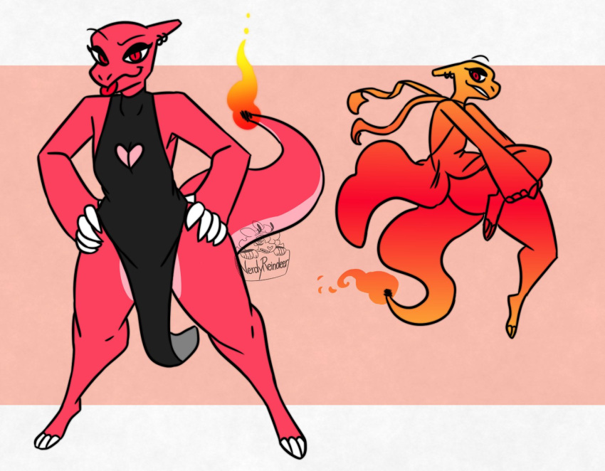 anthro calli_(nerdyreindeer) charmeleon cleavage_cutout clothed clothing crossdressing cutout dress eyeshadow femboy fire flaming_tail furgonomics furry-specific_piercing generation_1_pokemon hands_on_hips hi_res horn horn_piercing lizard makeup male nerdyreindeer nintendo piercing pokemon pokemon_(species) red_body reptile scalie solo tail tongue tongue_out