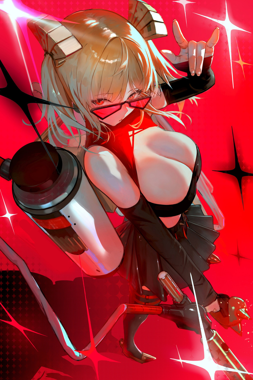 absurdres black_skirt black_sleeves black_thighhighs black_tube_top blonde_hair breasts burnice_white cleavage crop_top detached_sleeves female flamethrower from_above ganet_p hashtag-only_commentary high_heels highres holding holding_flamethrower holding_weapon large_breasts long_sleeves looking_at_viewer looking_over_eyewear propane_tank red_background red_eyes skirt solo sparkle spiked_belt strapless thighhighs tinted_eyewear tube_top two_side_up weapon zenless_zone_zero