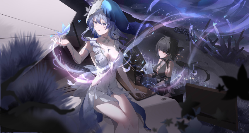 2girls absurdres armlet bandaged_arm bandages bare_shoulders black_bow black_flower black_hair black_ribbon blake_bloom_(wuthering_waves) blue_butterfly blue_hair blue_nails blue_veil bow breasts bug butterfly closed_eyes closed_mouth colored_eyelashes commentary cross-laced_clothes cross-laced_dress dress earrings elbow_pads eyeliner female_rover_(wuthering_waves) flower grand_piano hair_ornament hair_ribbon hairbow hairclip highres hui_night instrument jewelry large_breasts long_hair makeup multiple_girls music nail_polish piano playing_instrument playing_piano purple_eyes red_eyeliner ribbon rover_(wuthering_waves) shorekeeper_(wuthering_waves) sitting sleeveless sleeveless_dress smile two-tone_veil veil white_dress white_veil wuthering_waves