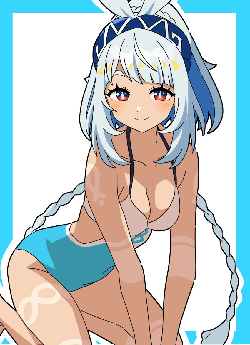 bare_arms bare_legs bare_shoulders blue_border blue_headband blue_one-piece_swimsuit body_markings border braid breasts cleavage collarbone dark-skinned_female dark_skin female genshin_impact grey_hair halterneck headband highres kousuke0912 leaning_forward light_blush long_hair looking_at_viewer mualani_(genshin_impact) multicolored_clothes multicolored_swimsuit one-piece_swimsuit red_eyes simple_background small_breasts smile solo swimsuit twin_braids very_long_hair white_background white_one-piece_swimsuit