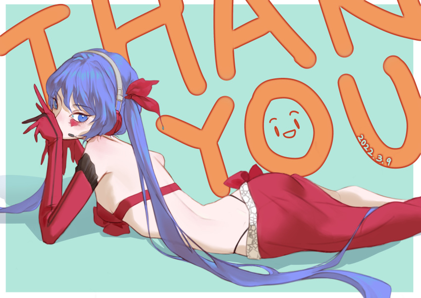 absurdres ambivalence_(module) aqua_background black_panties blue_eyes blue_hair chinese_commentary commentary covering_own_mouth dated facial_mark female gloves hatsune_miku headphones headset heart heart_facial_mark highleg highleg_panties highres looking_at_viewer panties project_diva_(series) red_gloves red_skirt shadow skirt solo spine thank_you twintails underwear vocaloid zelo_(kmtf3322)