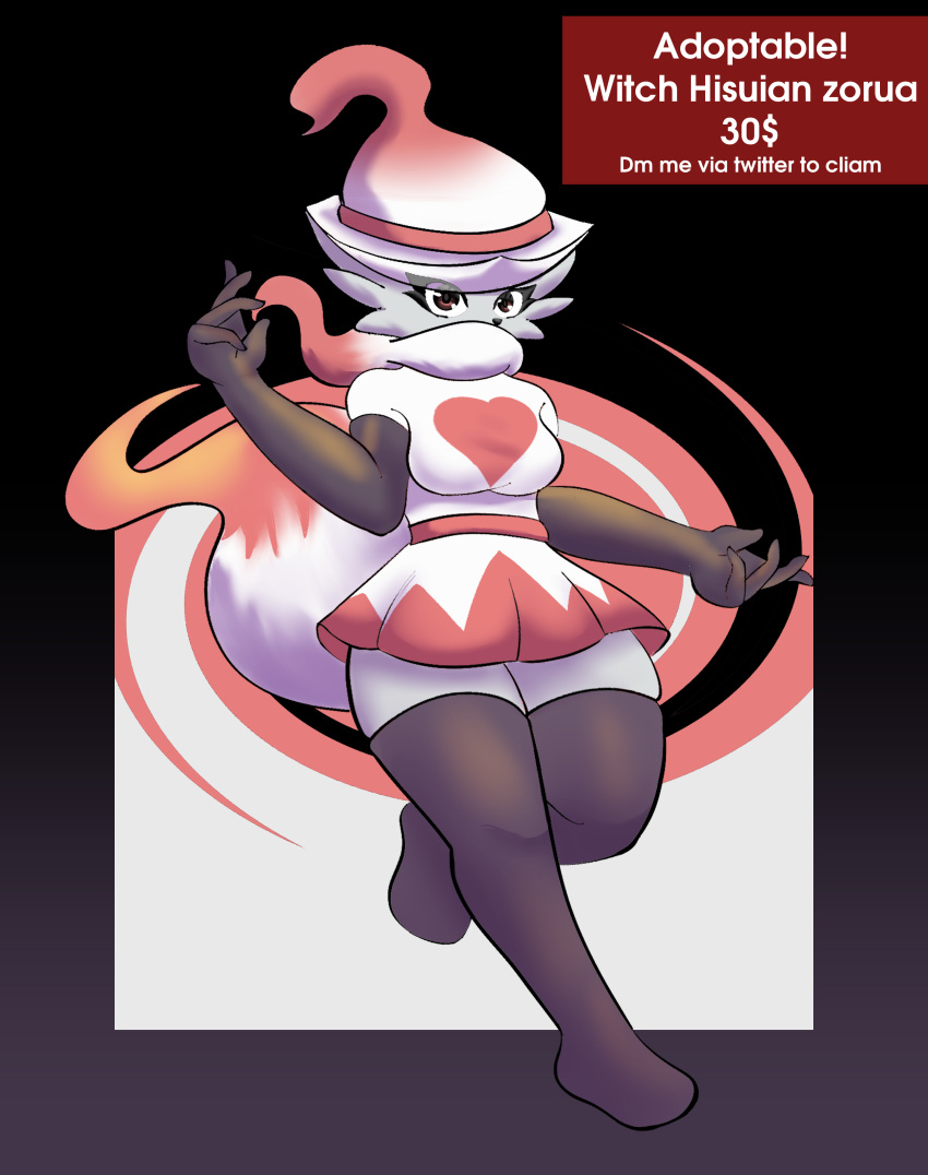 absurd_res anthro clothing female fur generation_8_pokemon hat headgear headwear hi_res hisuian_form hisuian_zorua ilu-cyan magic_user nintendo pokemon pokemon_(species) red_body red_fur regional_form_(pokemon) simple_background solo white_body white_fur witch witch_hat