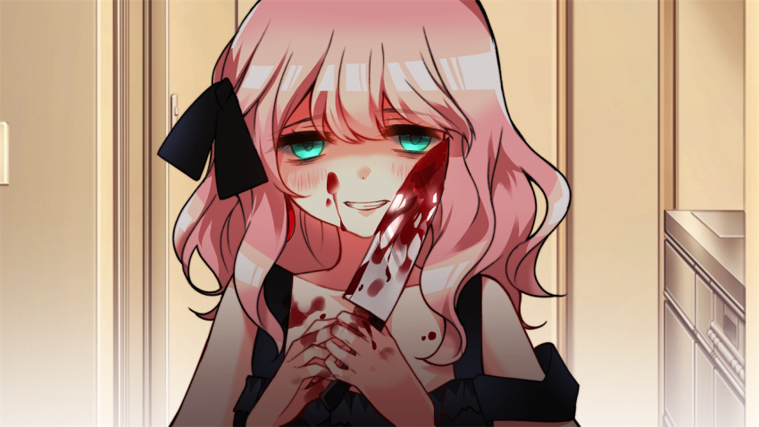 aqua_eyes black_dress blood blood_on_face blood_on_hands blush charon_kn commentary_request dress empty_eyes female holding holding_knife indoors knife long_hair looking_at_viewer original pink_hair smile solo yandere yandere_trance