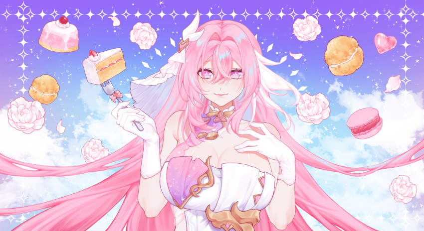 absurdres bare_shoulders blue_sky breasts cake cake_slice cleavage cloud commentary_request corset elysia_(herrscher_of_human:_ego)_(honkai_impact) elysia_(honkai_impact) female food fork gloves heart highres holding holding_fork honkai_(series) honkai_impact_3rd large_breasts long_hair looking_at_viewer pink_hair rirrenn sky smile solo strawberry_shortcake thai_commentary triquetra upper_body veil very_long_hair white_corset white_gloves white_veil