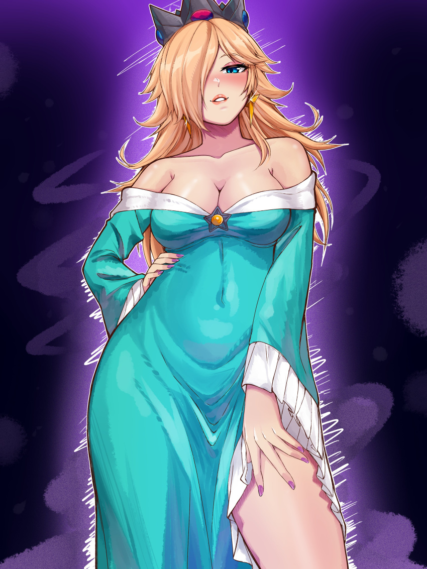 absurdres bare_shoulders biting_own_lip black_background blonde_hair blue_dress blue_eyes blush breasts cleavage collarbone covered_navel cowboy_shot crown dress female hair_over_one_eye highres large_breasts long_hair mario_(series) off-shoulder_dress off_shoulder rosalina saiko_(saikoart) solo