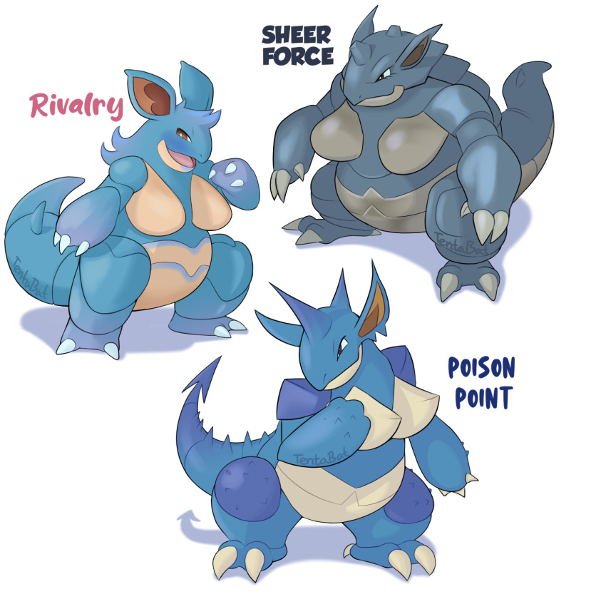 ability_(pokemon) anthro blue_body breasts fakemon fan_character female generation_1_pokemon group hi_res model_sheet nidoqueen nintendo nude pokemon pokemon_(species) scales tail tan_body tentabat thick_thighs wide_hips