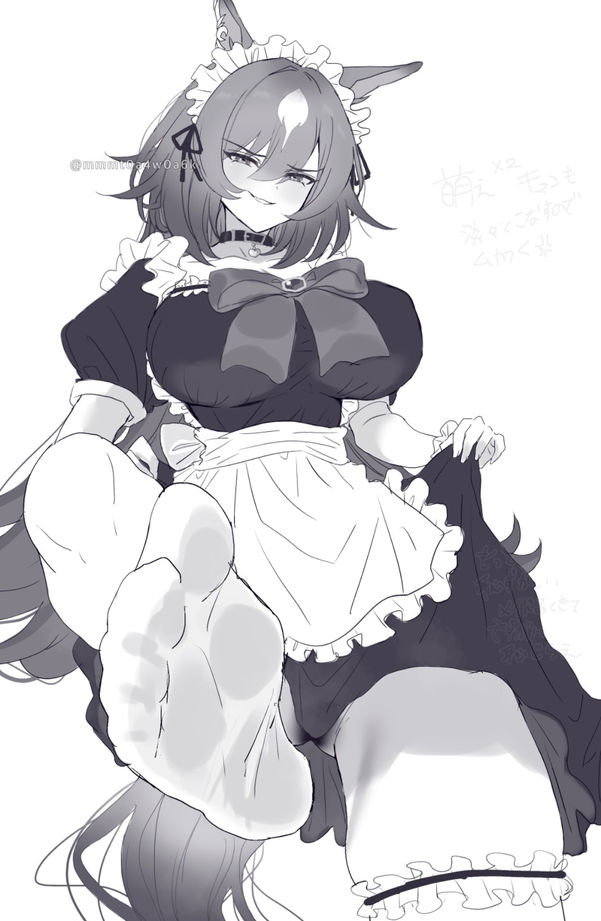 animal_ears apron breasts character_request cleavage clothes_lift collar dress dress_lift frilled_apron frilled_thigh_strap frills greyscale hair_between_eyes highres horse_ears horse_girl horse_tail huge_breasts impossible_clothes leg_lift long_hair long_sleeves maid_headdress mmm_(mmm623) monochrome multicolored_hair scowl simple_background smirk streaked_hair tail thigh_strap translation_request twitter_username umamusume very_long_hair waist_apron white_background